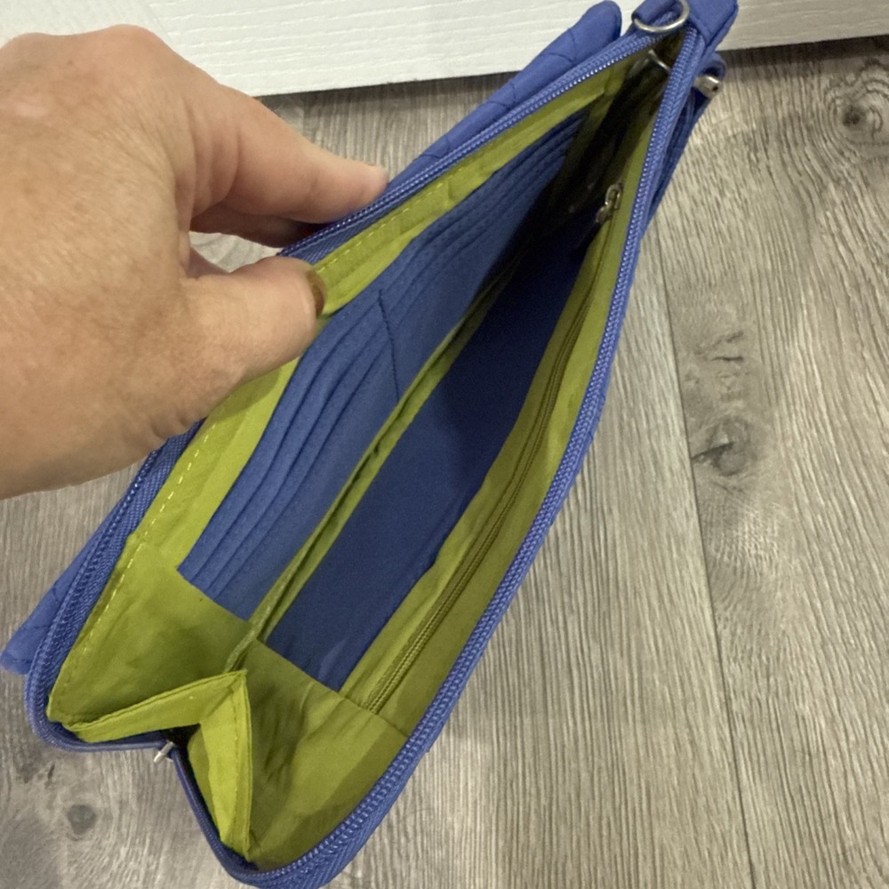 TRAVELON QUILTED FABRIC ANTI-THEFT CLUTCH WALLET WRISTLET BLUE LIME GREEN - Picture 6 of 6